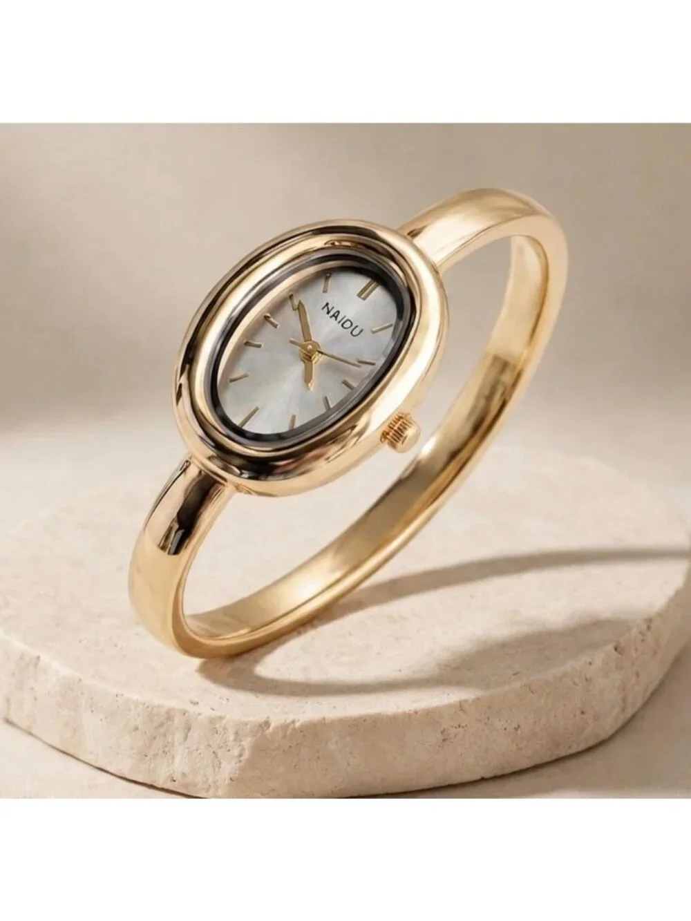 Women's White Bangle Bracelet Oval Dial Roman Numeral Elegant Style Wrist Watch